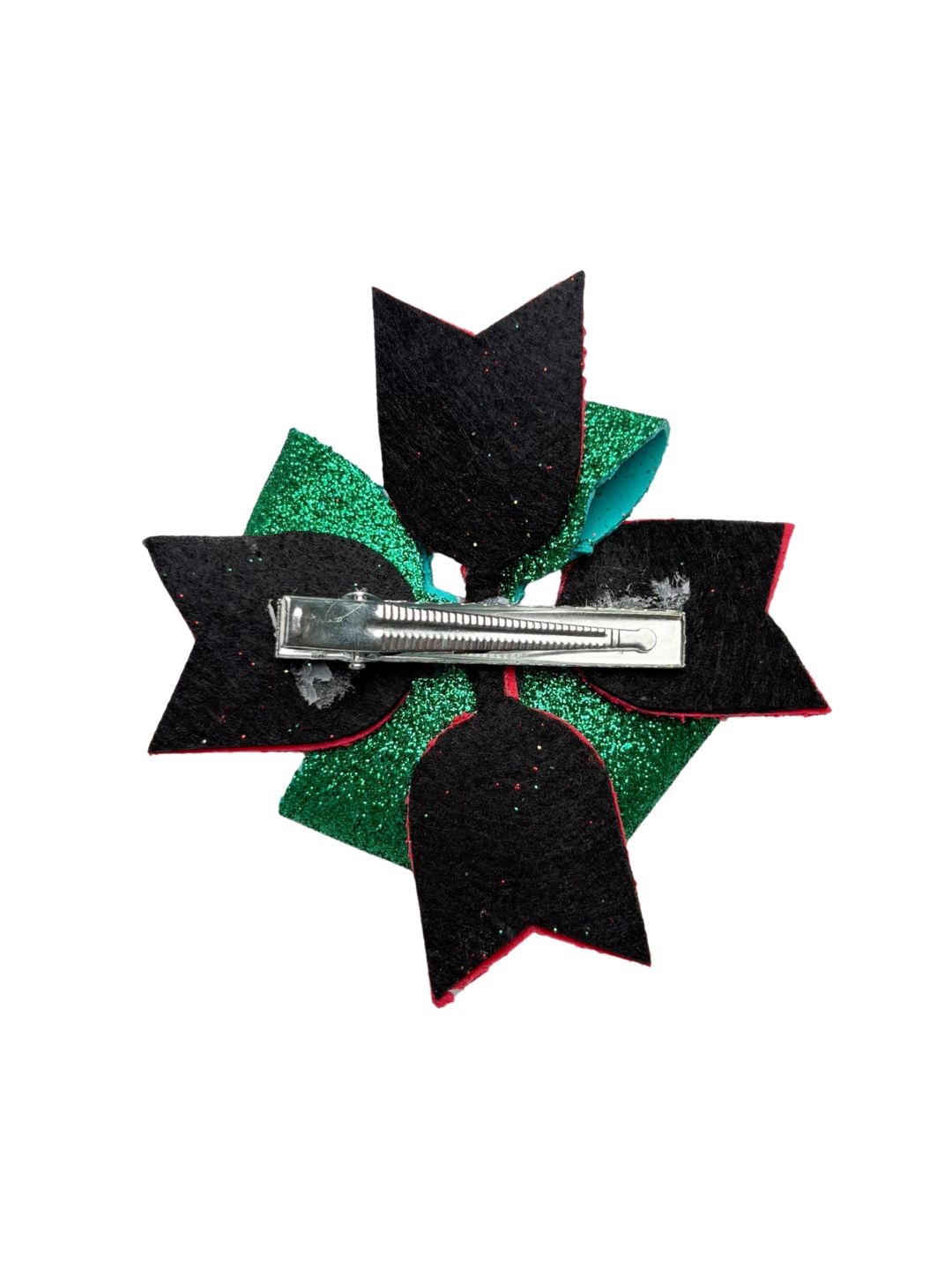 Back view of Arendelle Christmas Glitter Hair Bow showing secure metal clip for easy attachment to girls' holiday hairstyles.