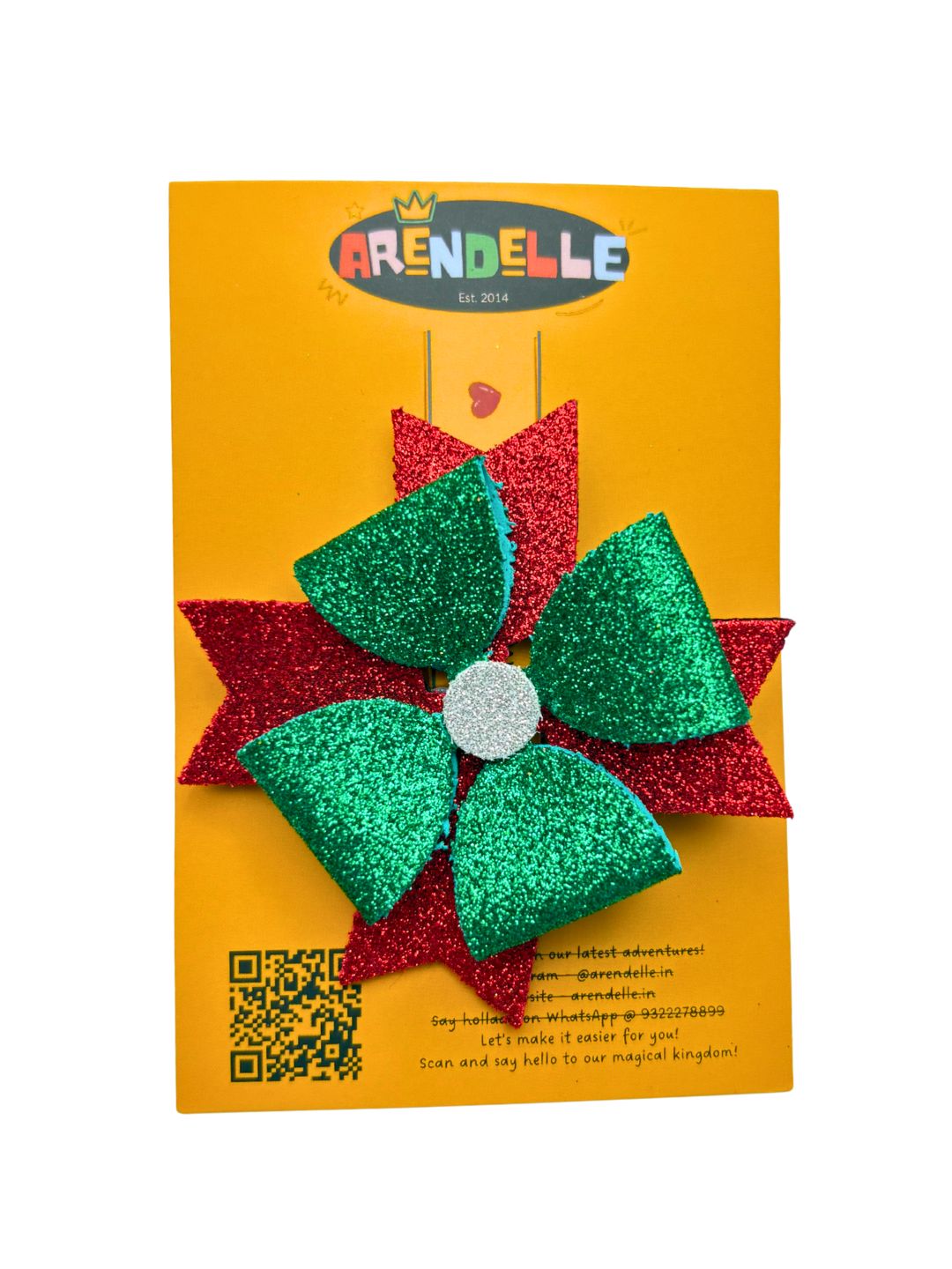 Arendelle Christmas Glitter Hair Bow on branded card packaging, ideal for gifting festive hair accessories to girls aged 3 to 12.