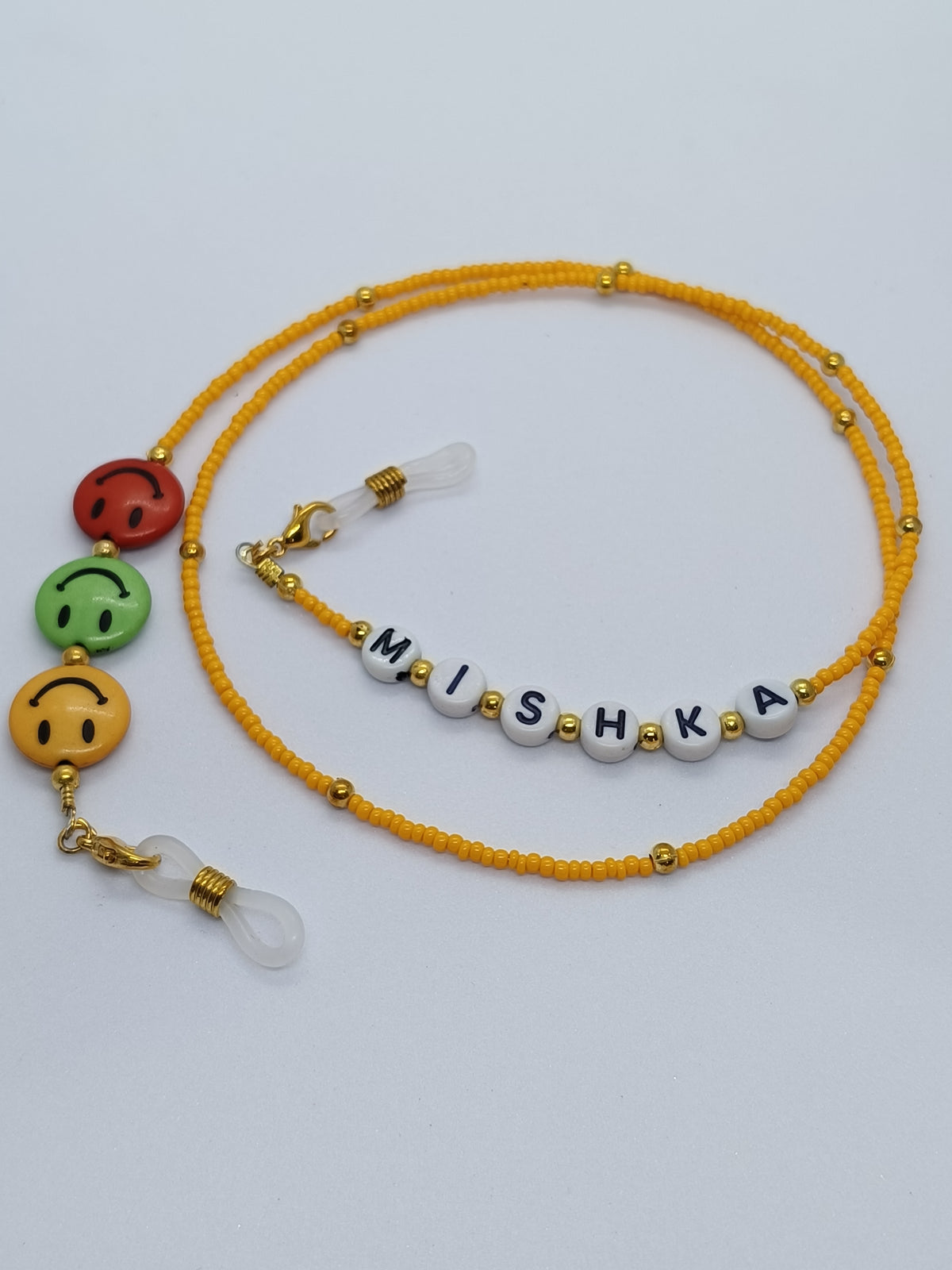 Arendelle Orange Beaded Personalized Name & Smiley Beads Engraved Sunglass Chain For Girls/Women [AEC010]