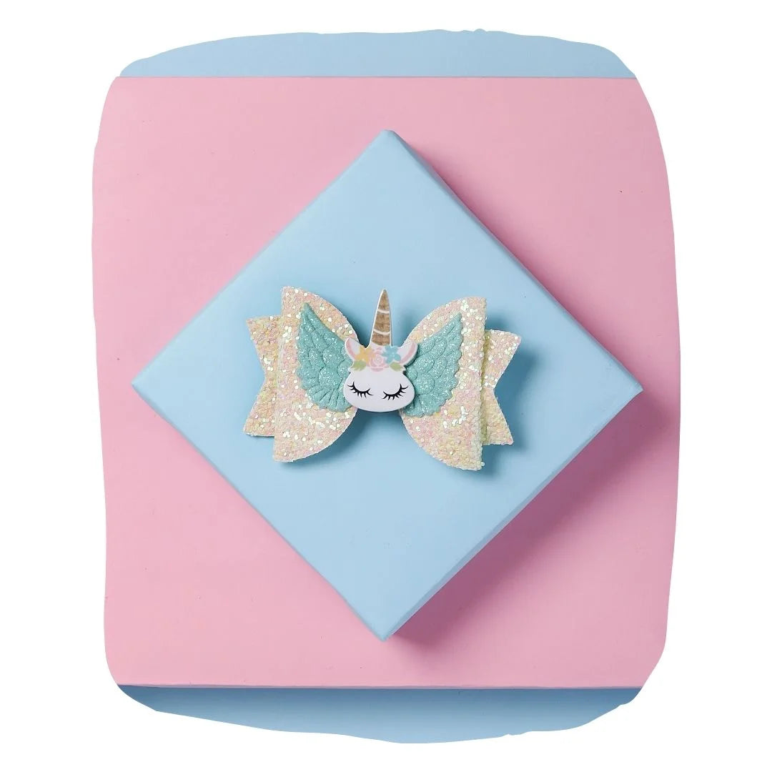 Colourful Shiny Sequins Unicorn 3 Inch White Bow for Young Girls [AHA020]