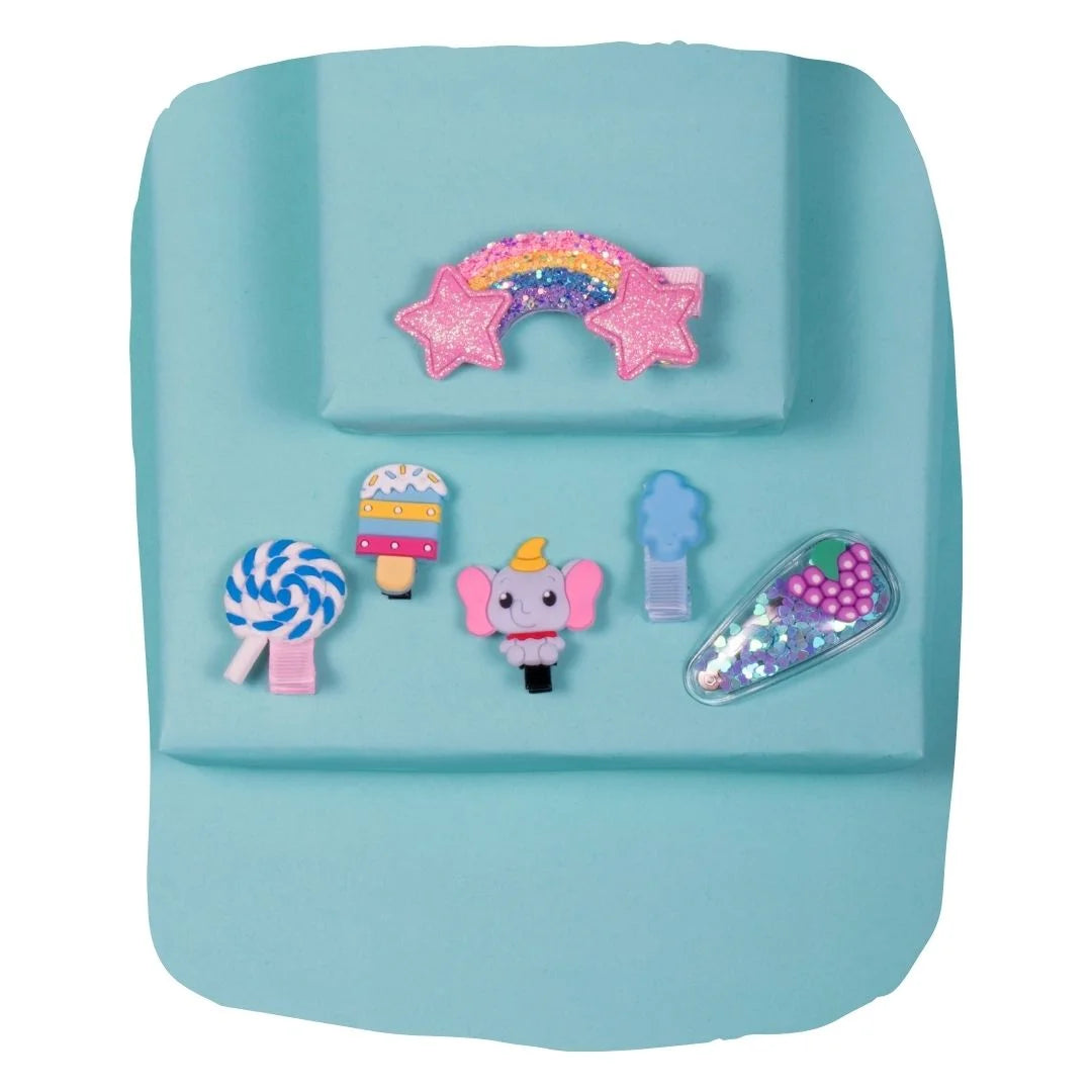 Set of 6 Blue Glitter Rainbow and Candy Hair Clips [AHA160]