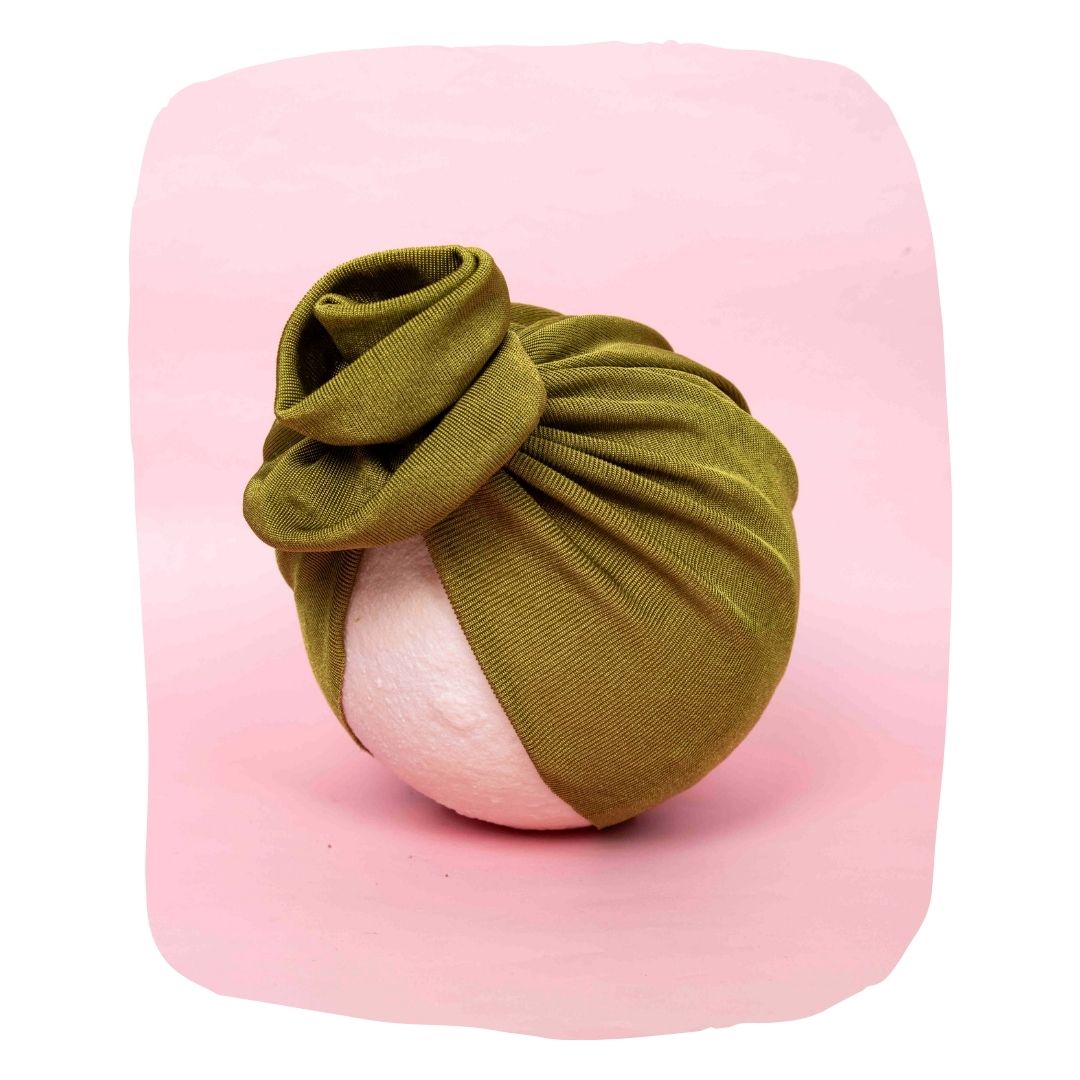 Shiny Olive Baby Turban Cap – Stylish & Comfortable [AHA307]