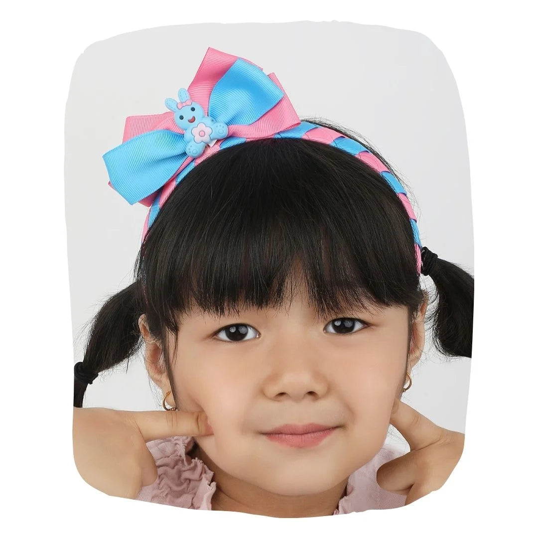 Pink & Blue Braided Ribbon Hairband with Bow [AHA355]
