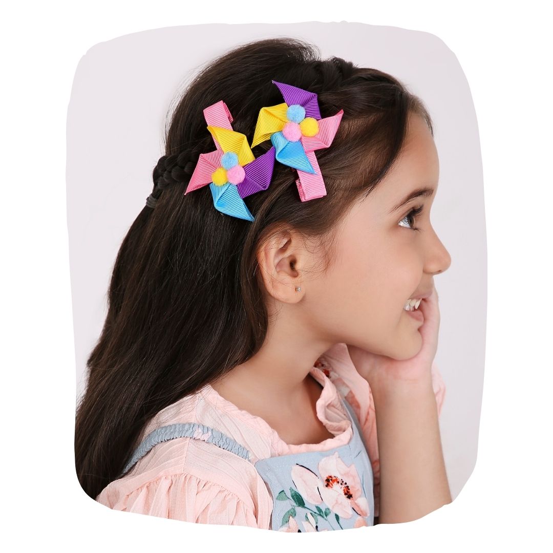 Pom Pom Pinwheel Hair Clip Pair – Grosgrain Ribbon [AHA364]