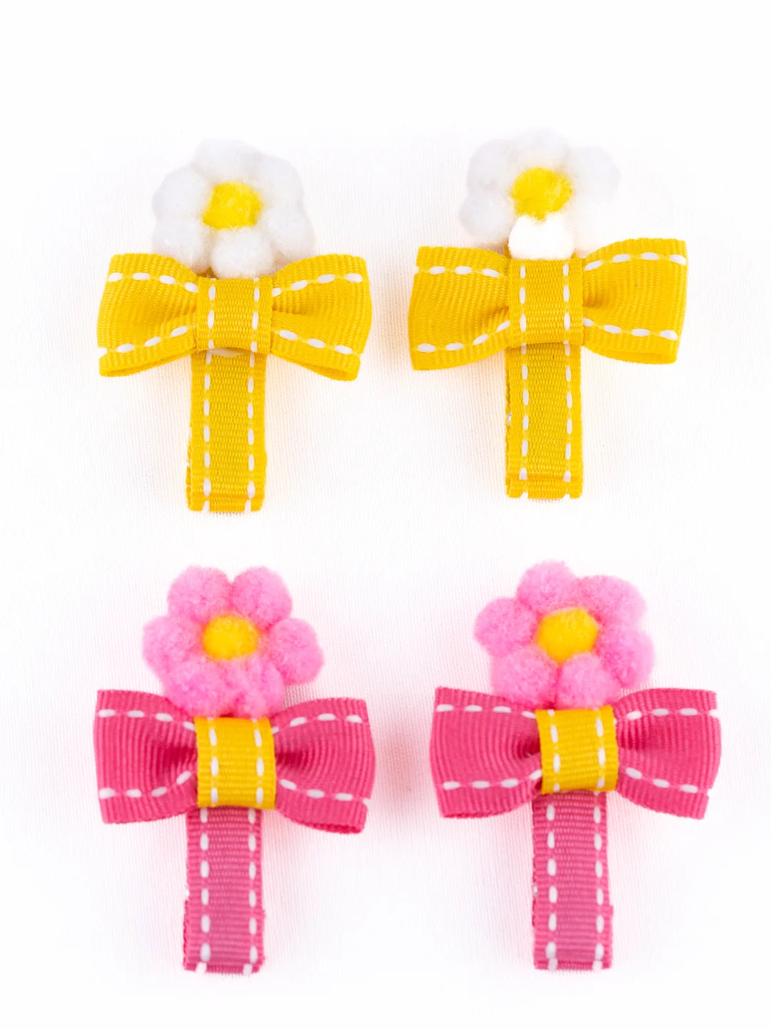 Pompom Flower Hair Clips – Yellow & Pink (Set of 4) [AHA365]