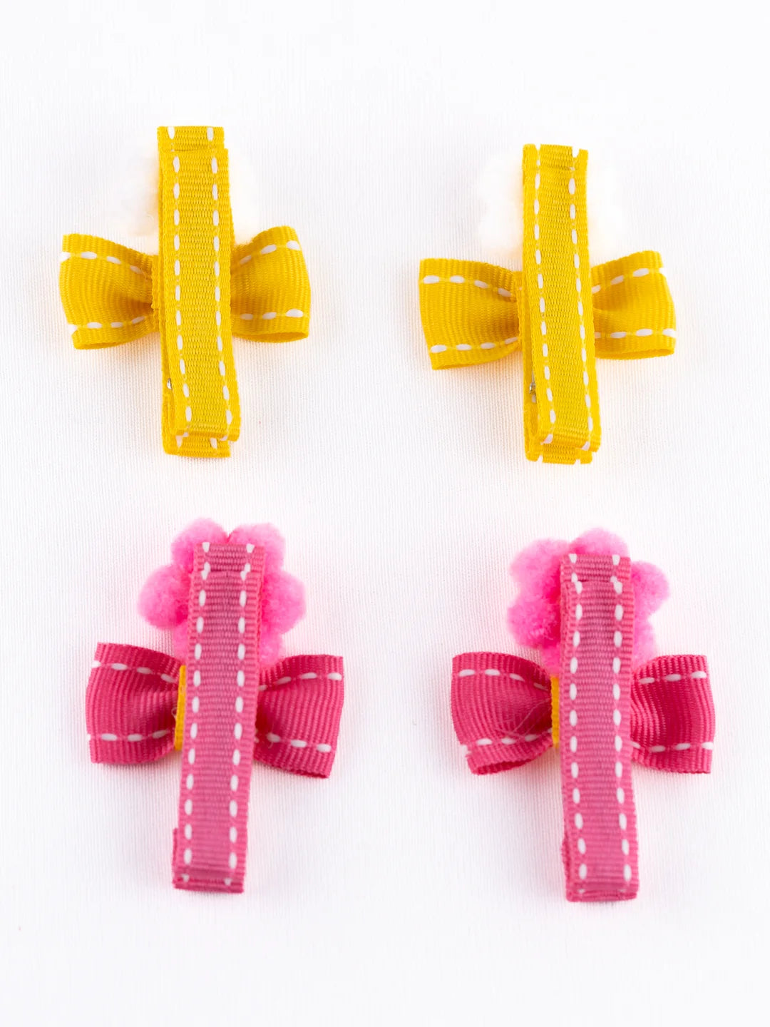 Pompom Flower Hair Clips – Yellow & Pink (Set of 4) [AHA365]