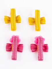 Pompom Flower Hair Clips – Yellow & Pink (Set of 4) [AHA365]