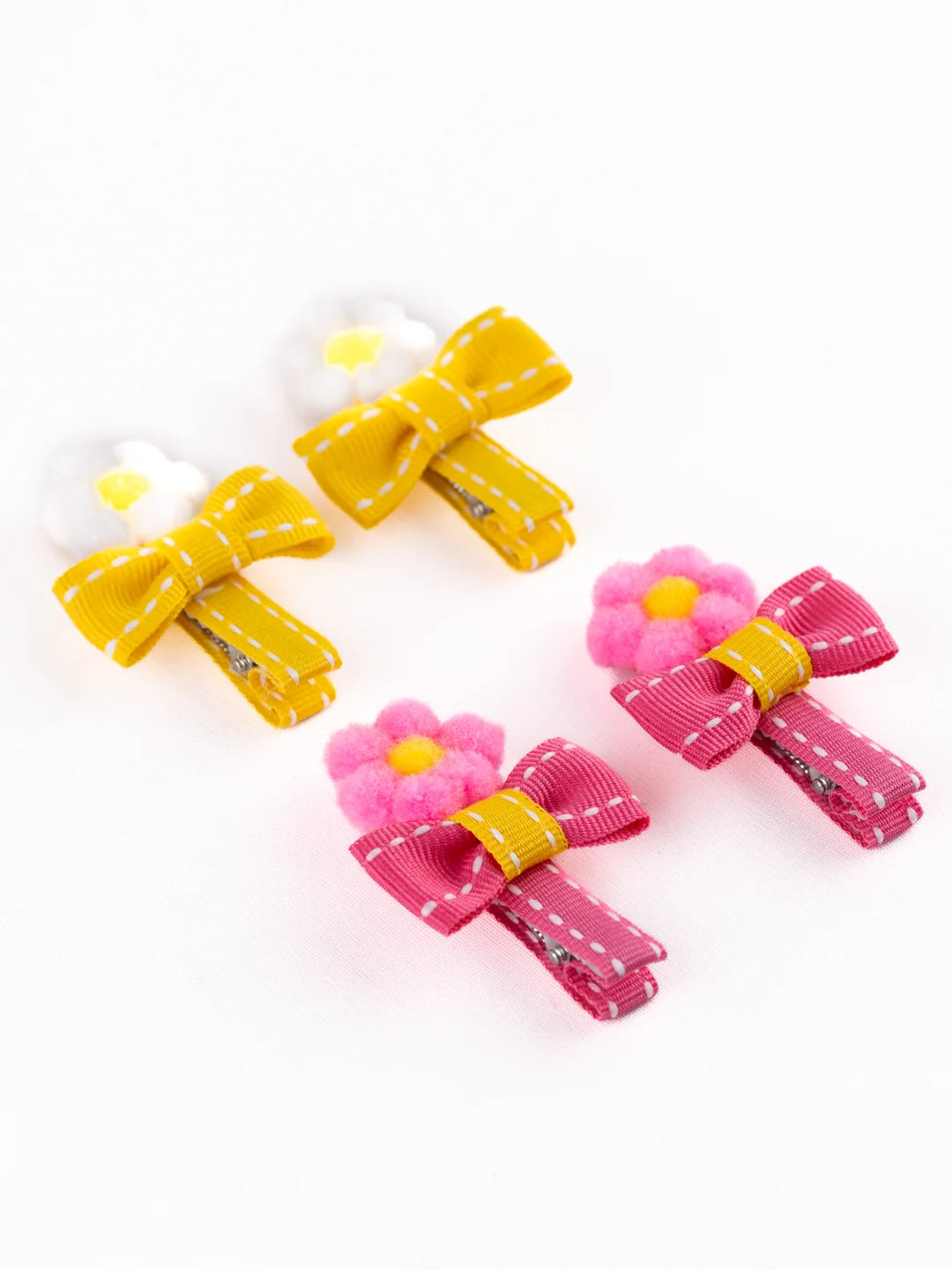 Pompom Flower Hair Clips – Yellow & Pink (Set of 4) [AHA365]