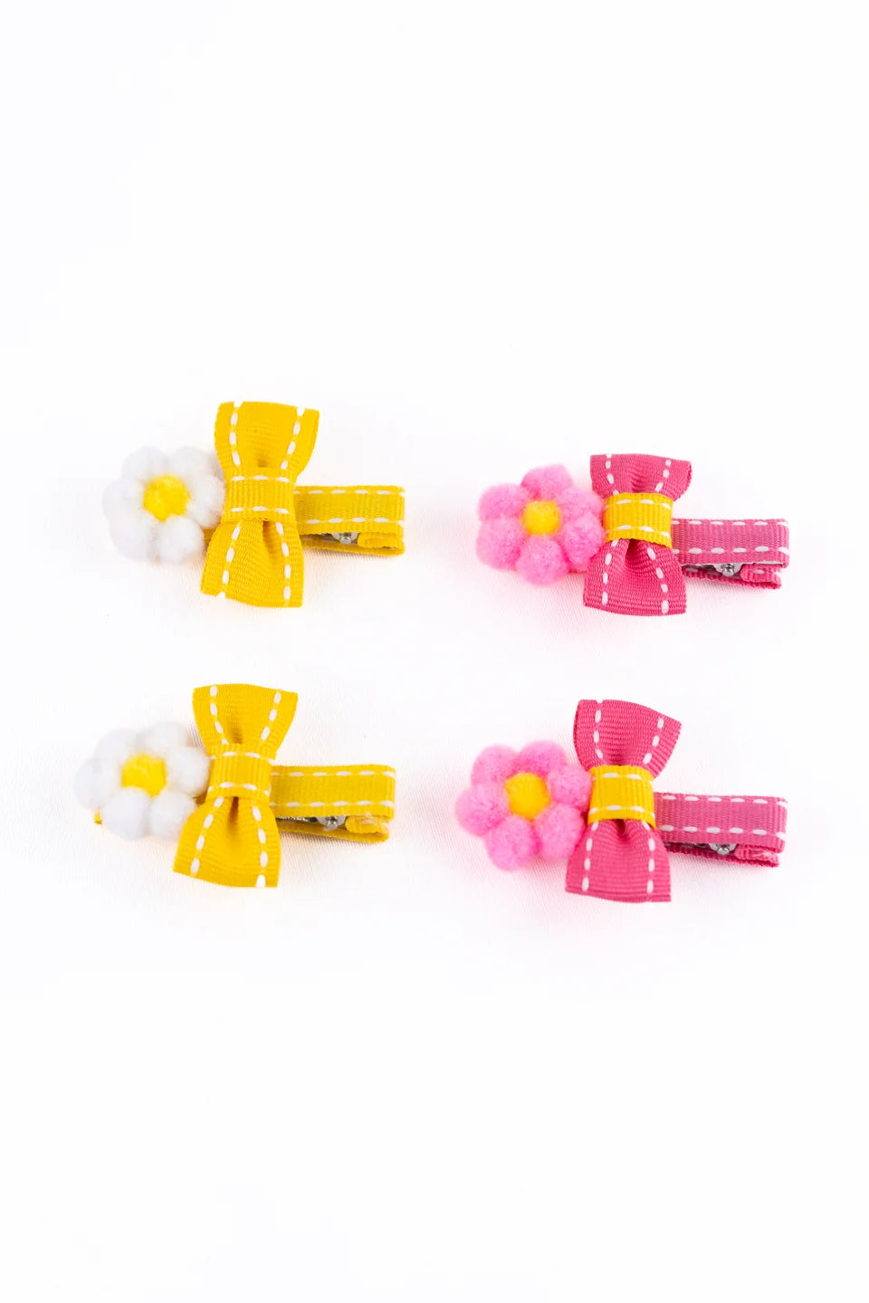 Pompom Flower Hair Clips – Yellow & Pink (Set of 4) [AHA365]