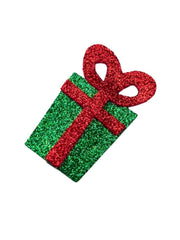 Sparkly Christmas Glitter Hair Clip shaped like a festive gift box with red bow and green glitter, ideal for kids' holiday hairstyles.