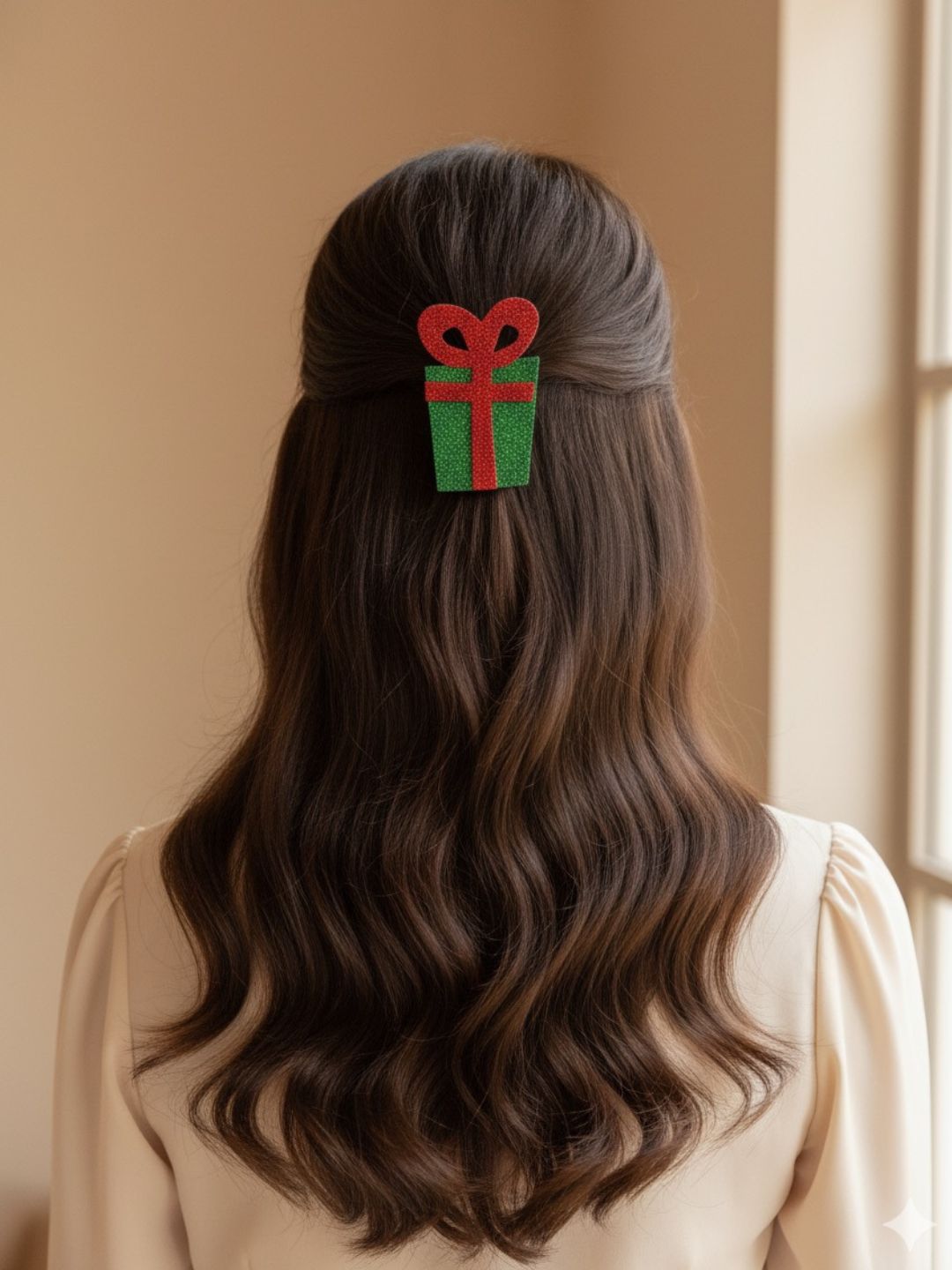 Girl wearing Christmas Glitter Hair Clip in half-up hairstyle, showing festive red and green gift box design perfect for holiday outfits.