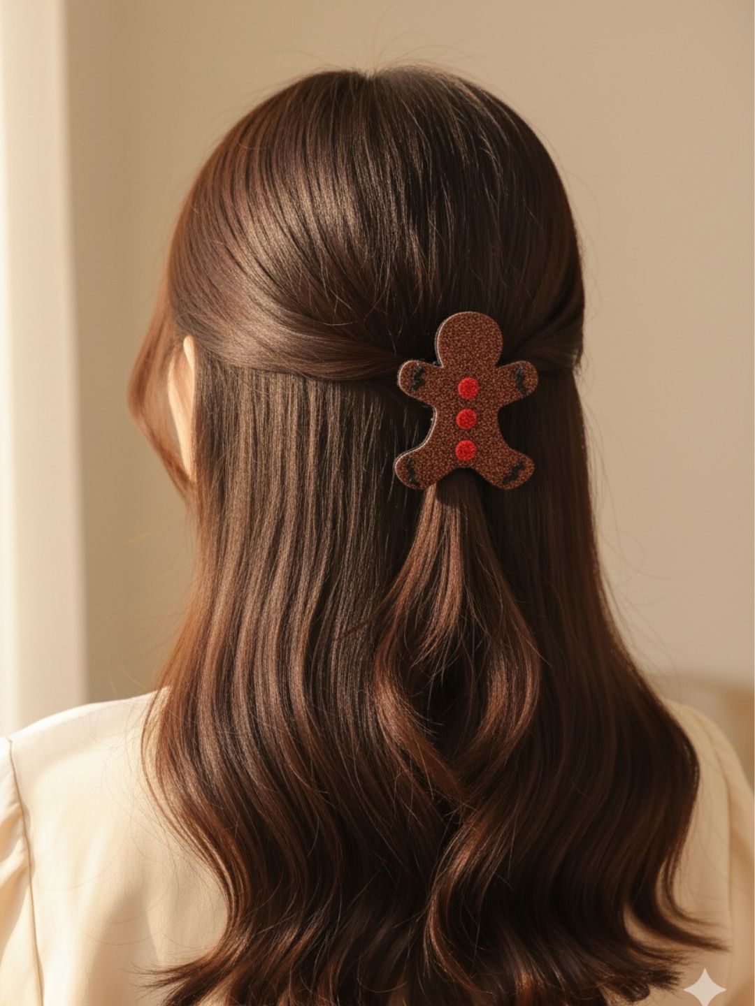 Girl wearing the Christmas Glitter Hair Clip in gingerbread man design, showcasing festive sparkle and secure hold for holiday hairstyles.
