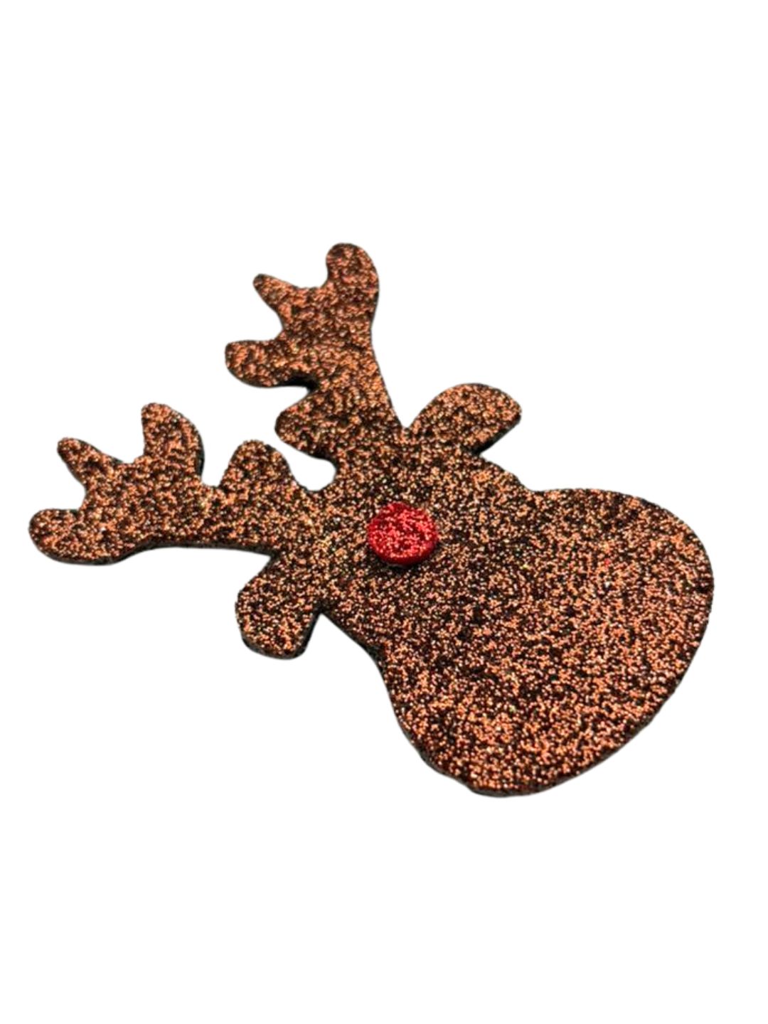 Rudolph Reindeer Hair Pin in glittery brown with red nose, festive Christmas hair accessory for girls aged 3 to 7.