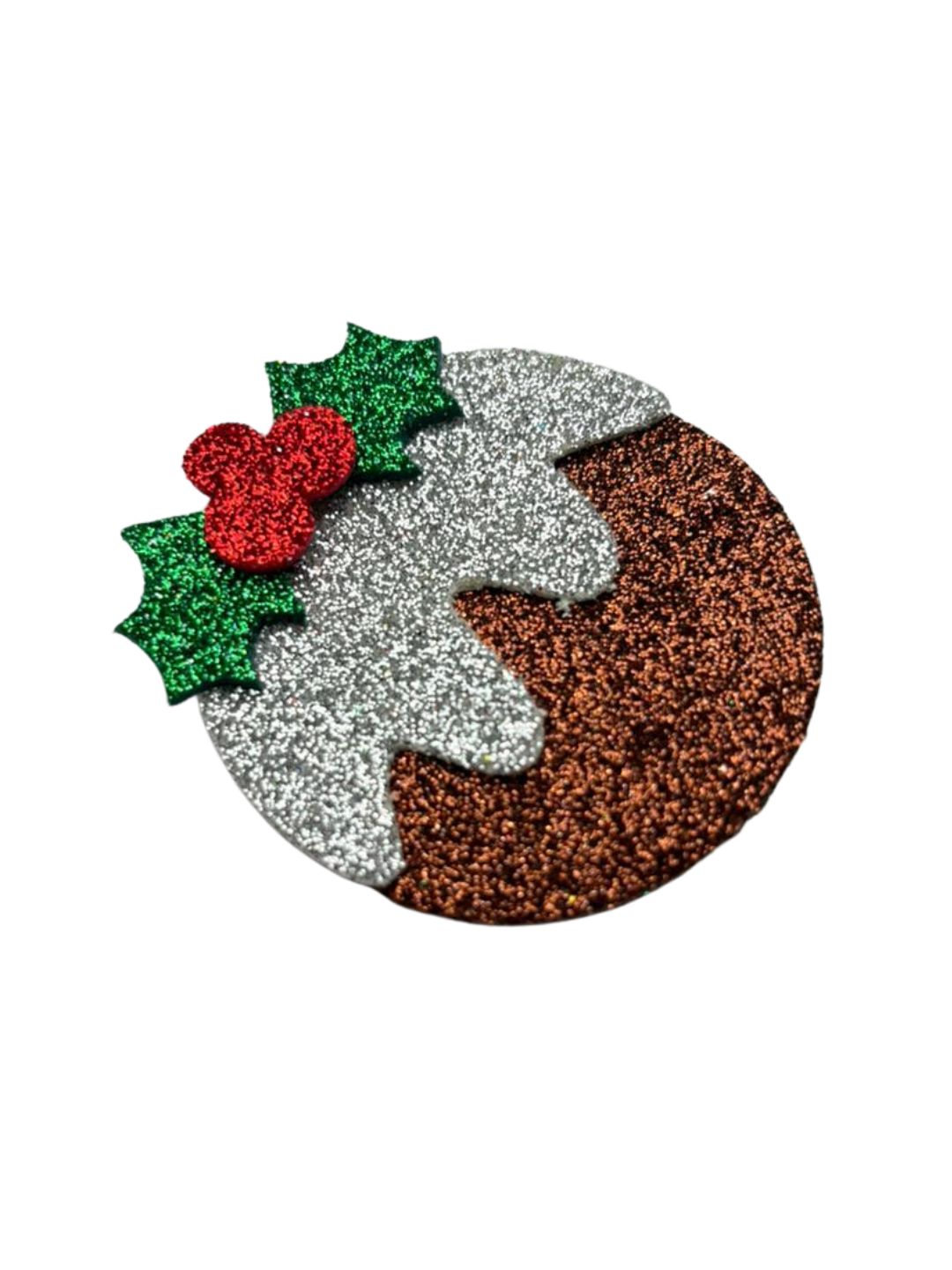 Festive Clips - Christmas Glitter Hair Clip shaped like a pudding with red, green, silver, and brown glitter for holiday-themed hairstyles.