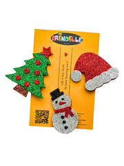 Set of Holiday Sparkle Hair Clips for Girls on branded Arendelle card, includes glittery Christmas tree, Santa hat, and snowman designs.