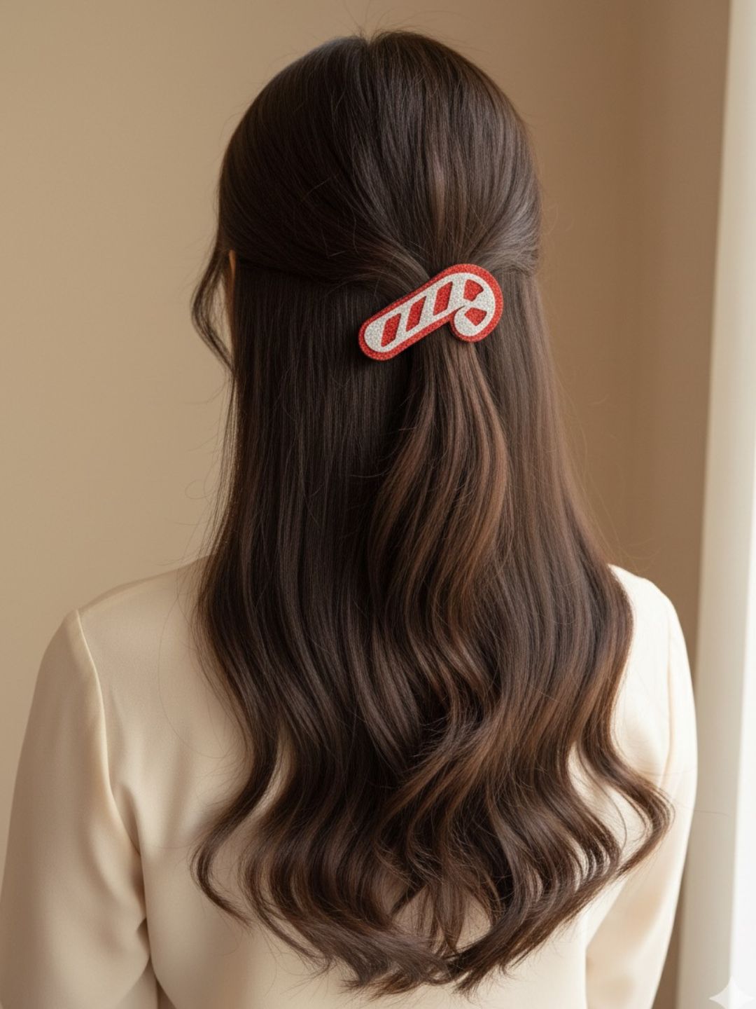 Candy cane Arendelle Hair Pin from the Christmas Glitter set styled in long brunette hair, adding a festive touch to holiday outfits.