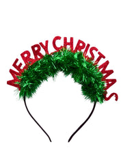 Girls' Glitter Hair Band - Christmas Style with red 'Merry Christmas' letters and green tinsel, perfect for festive outfits and holiday parties.