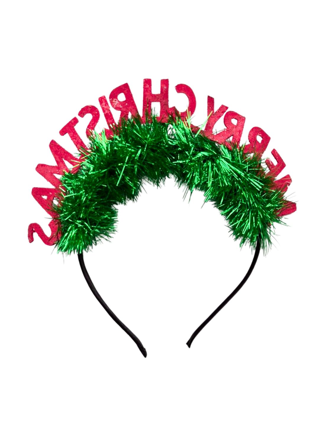 Back view of Girls' Glitter Hair Band - Christmas Style showing reversed red glitter letters and green tinsel for a full festive look.