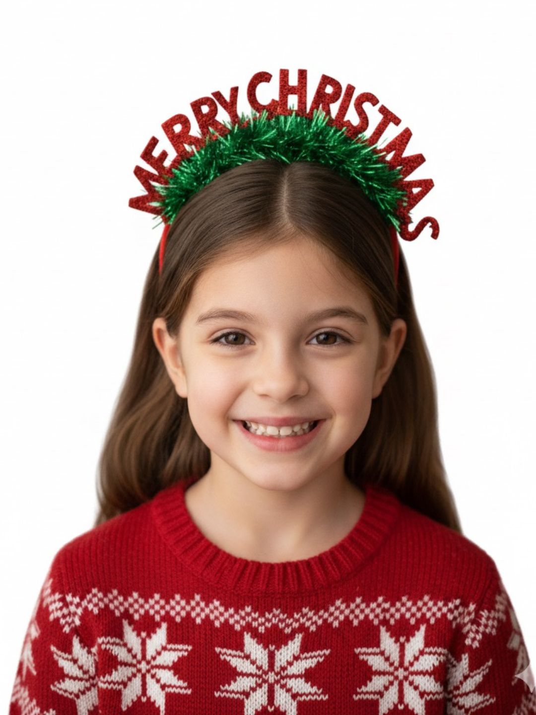 Girl wearing the Christmas Glitter Hair Band - Sparkle with Style, featuring red 'Merry Christmas' letters and green tinsel for a festive look.