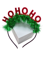 Soft and secure Festive Sparkle Hairband with glittery red text and fluffy green trim, great for girls' Christmas dress-up and accessories.