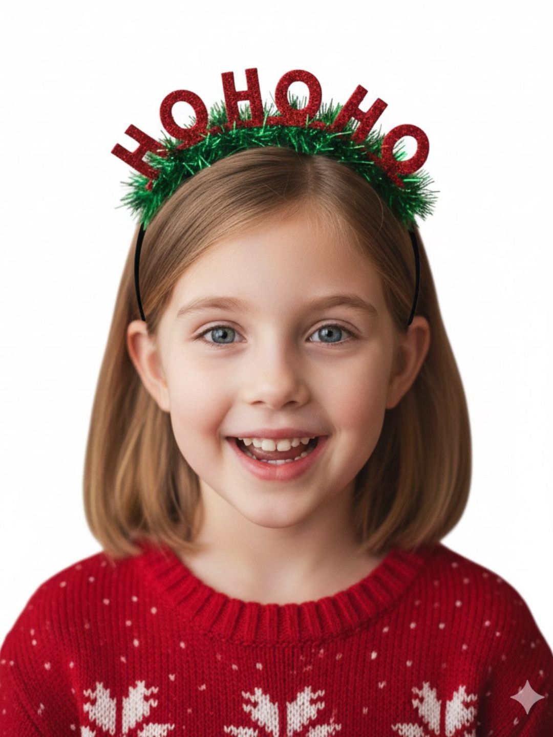 Smiling girl wearing Festive Sparkle Hairband with glitter 'HO HO HO' letters, a joyful Christmas accessory for girls' holiday looks.