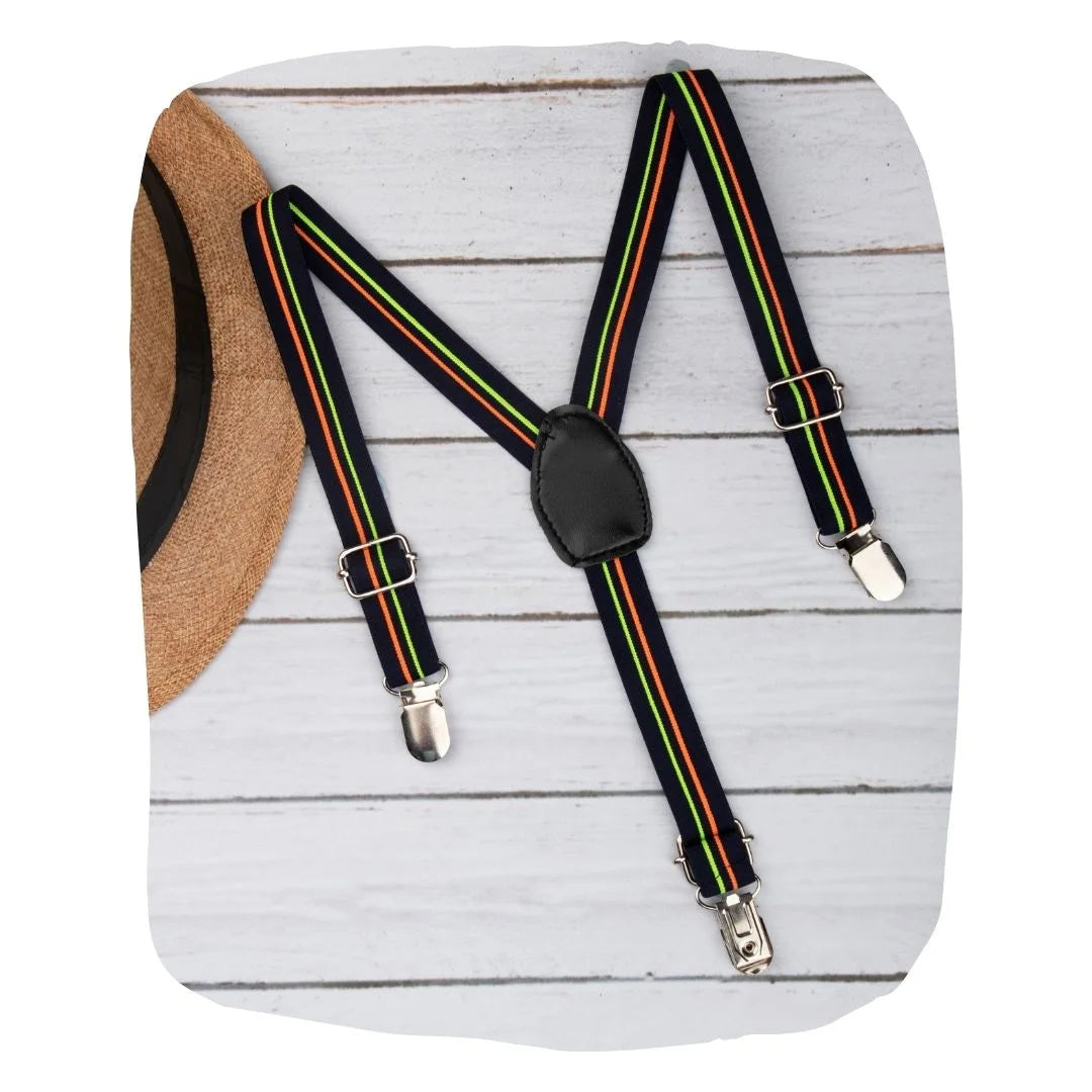 Striped Neon Blue Adjustable Suspenders for Boys – Y-Back Clip-On & Stretchable [AKA042]