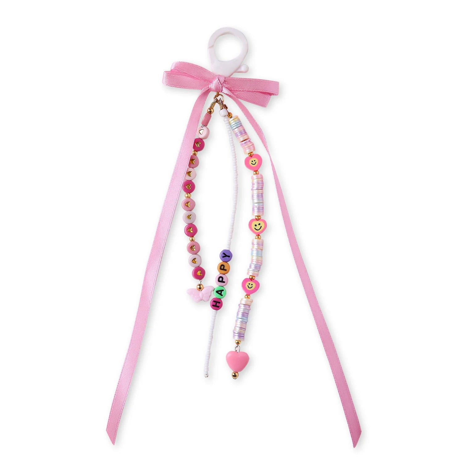 Pink Beaded Hearts & Ribbon Bow Bag Charm [AKC013]