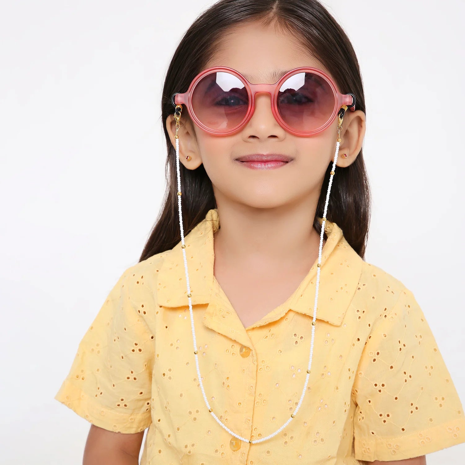 White Beaded 2-in-1 Mask & Sunglass Holder for Kids [AMC014]