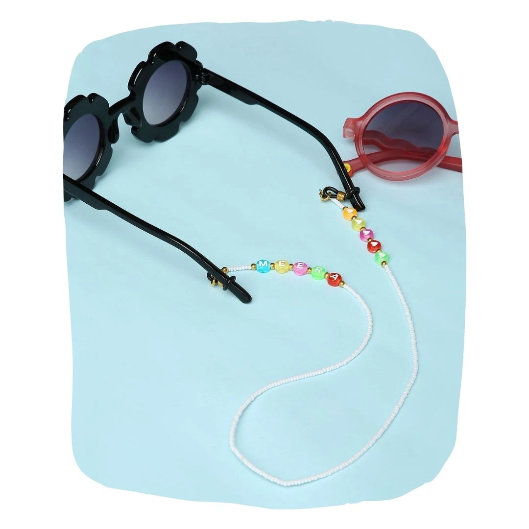 White Beaded Personalized Name & Heart Beads 2-in-1 Mask & Sunglass Holder [AMC021--P]