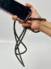 Arendelle Handcrafted Black Gold Rhinestone Crystal Rope Mobile Lanyard Necklace with Universal Holder | Glam Neck Accessory for Smartphones