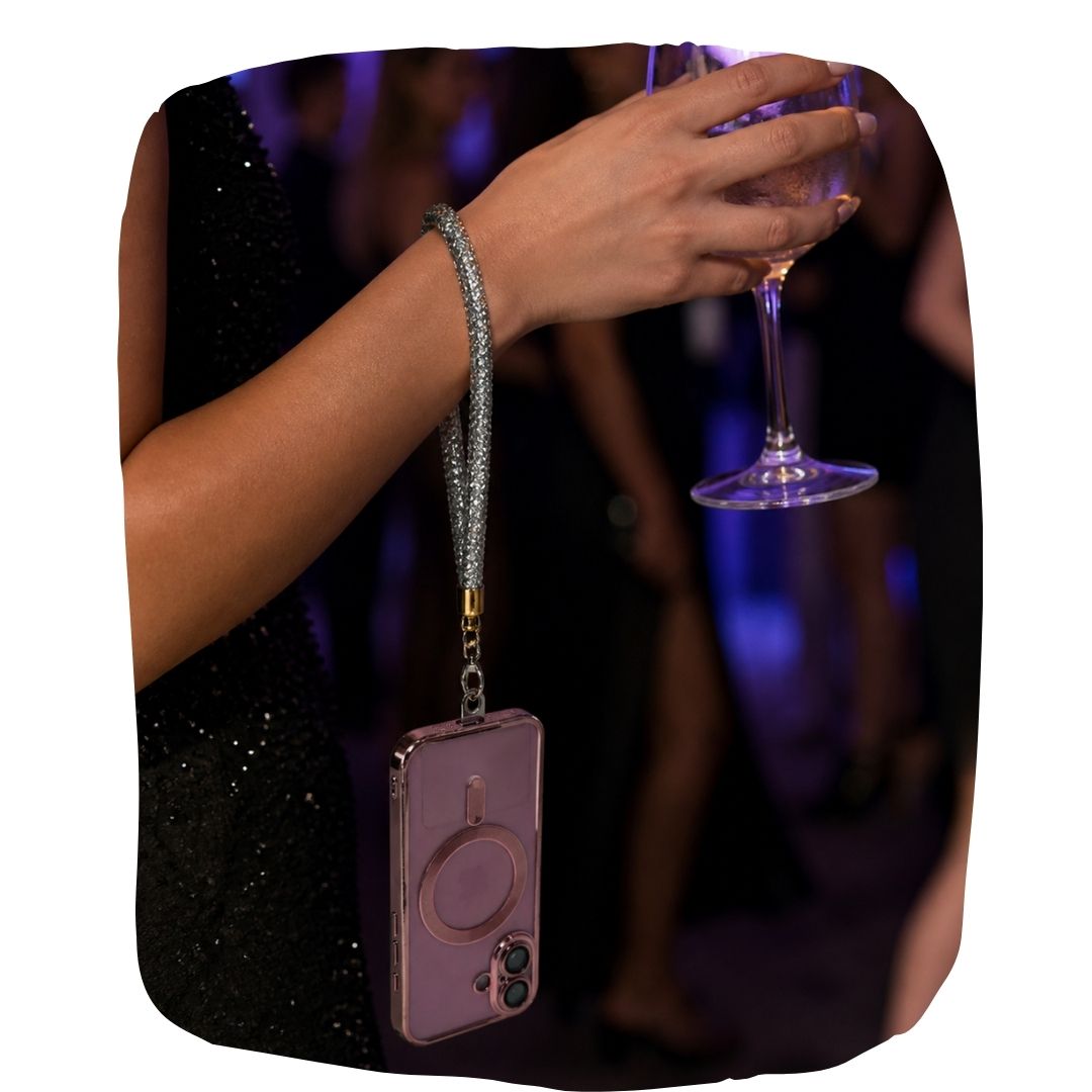 Arendelle Silver Rhinestone Phone Wristlet with Universal Holder | Elegant Sparkle Wrist Strap