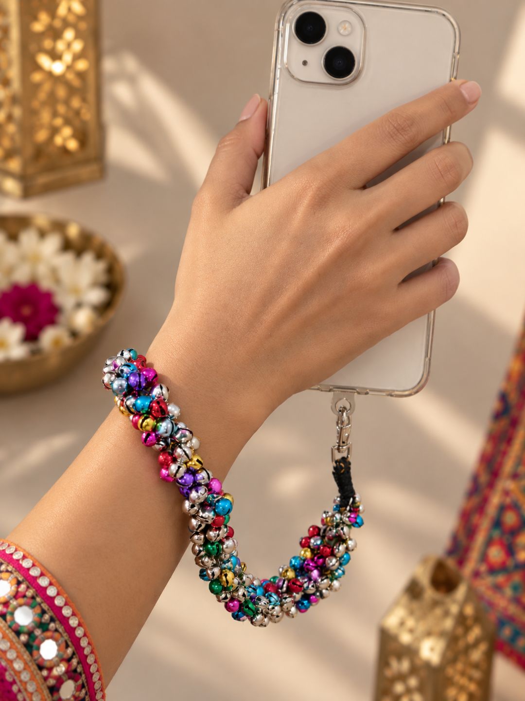 Navratri Multicolour Ghungroo Phone Wristlet – Handcrafted Garba Wrist Strap