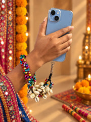 Navratri Ghungroo & Kodi Shell Phone Wristlet – Festive Garba Wrist Strap