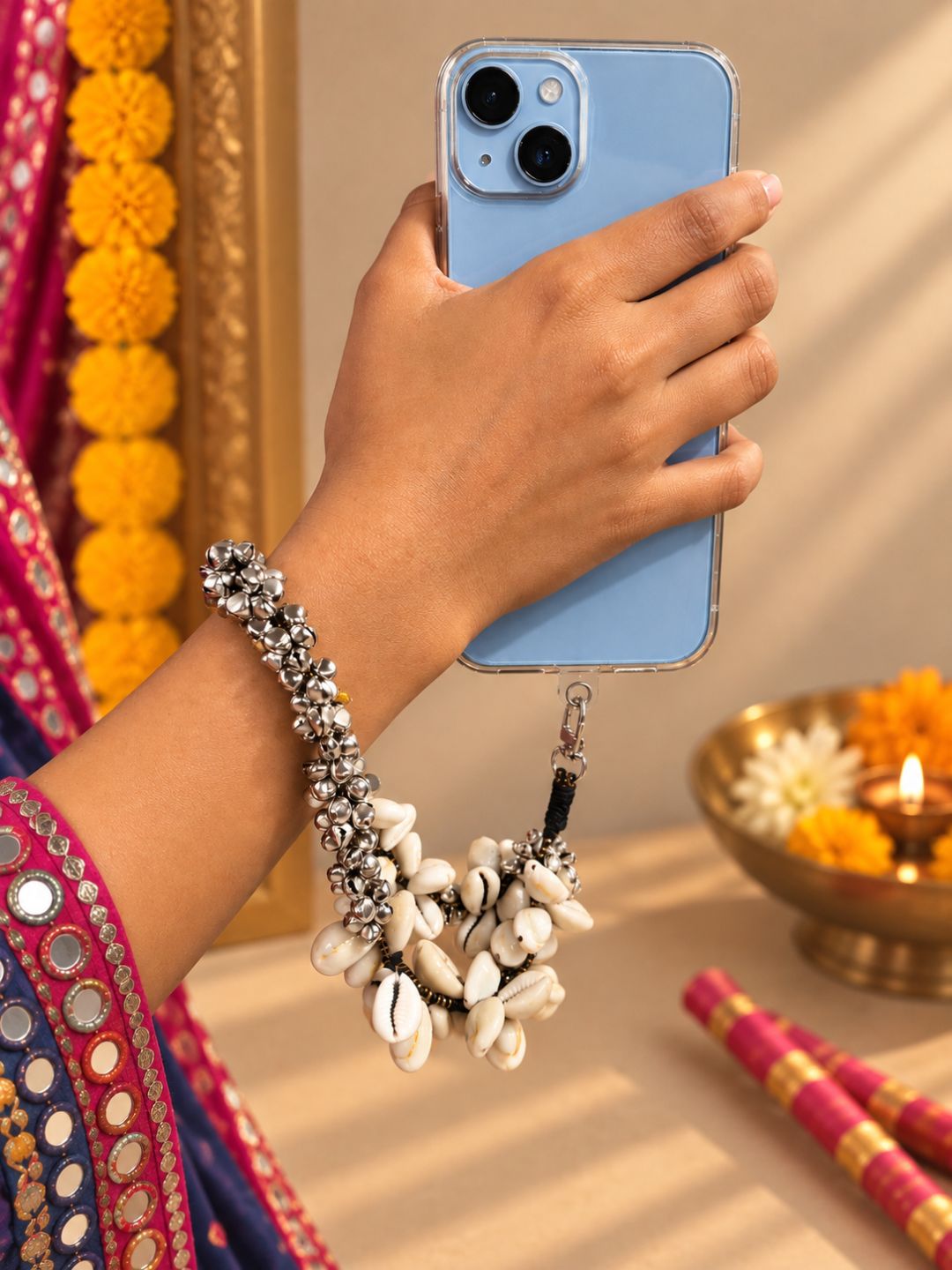 Navratri Silver Ghungroo & Kodi Shell Phone Wristlet – Elegant Garba Wrist Strap