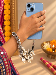 Navratri Silver Ghungroo & Kodi Shell Phone Wristlet – Elegant Garba Wrist Strap