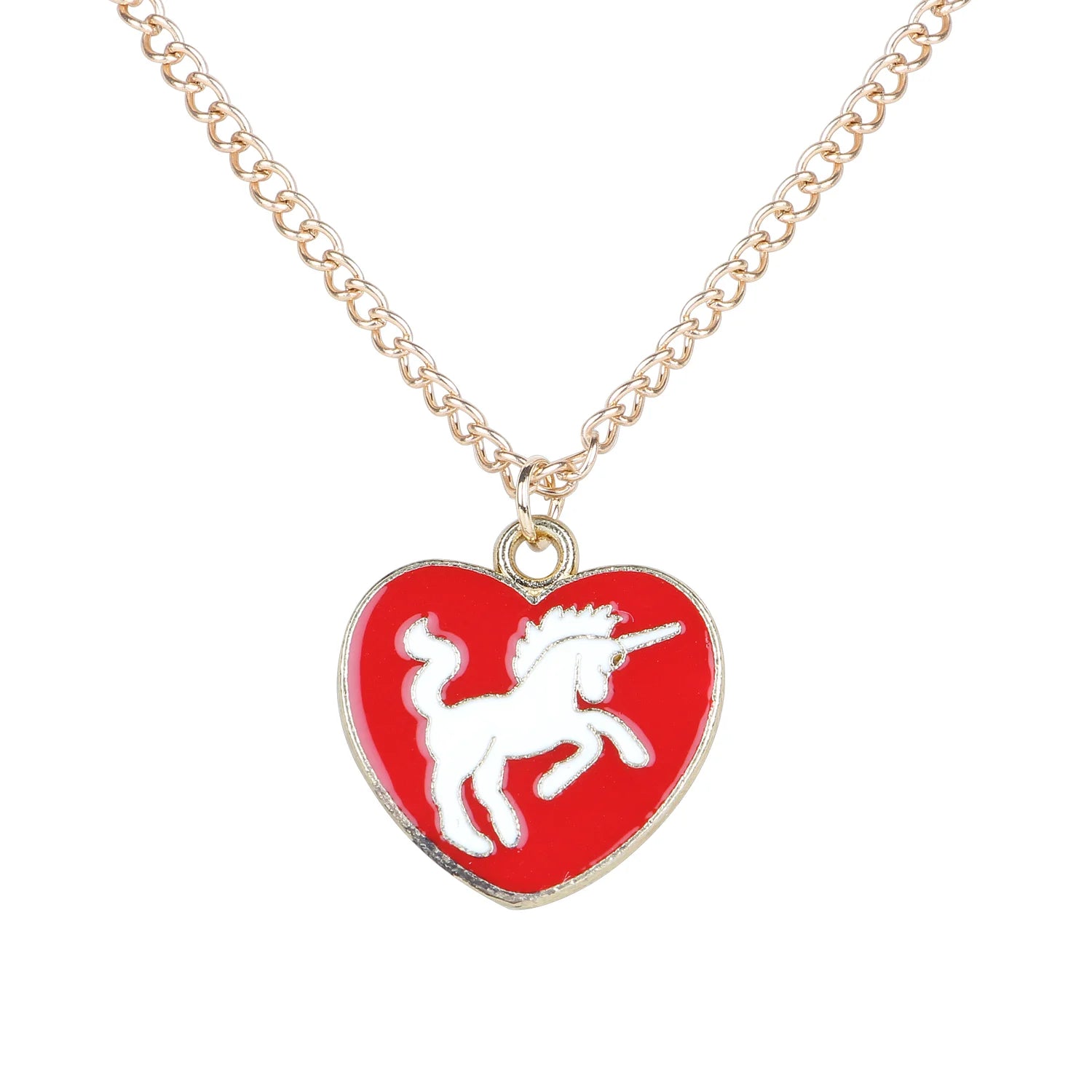 Unicorn Heart Pendant Necklace for Girls – Red Enamel Charm [APD075]