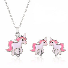 Silver & Pink Unicorn Pendant and Earrings Set – Cute Jewelry Gift for Girls [APS005]