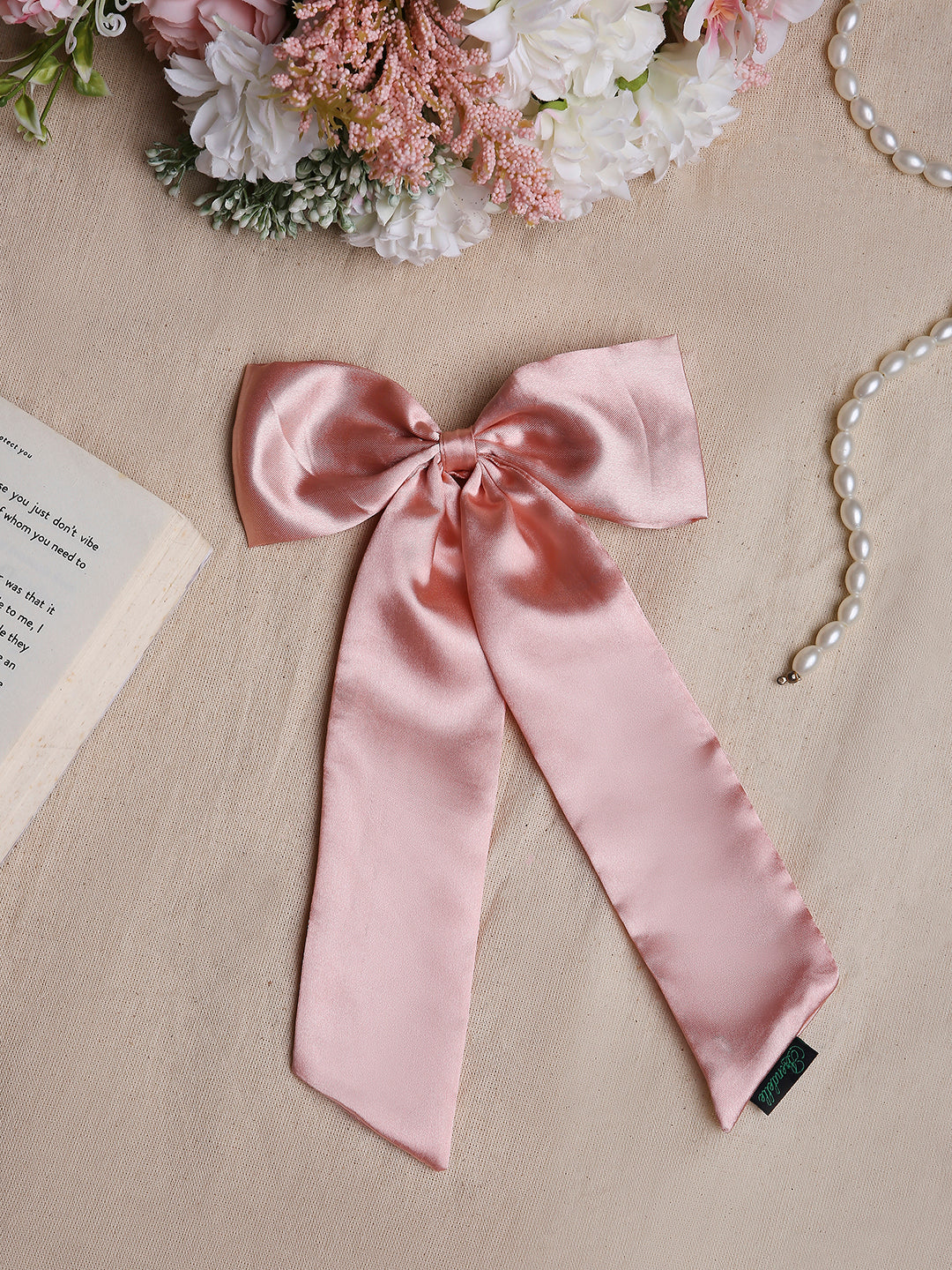 Satin Silk Long Tail Hair Bow In Rose Pink For Women [ASC043--LBow]