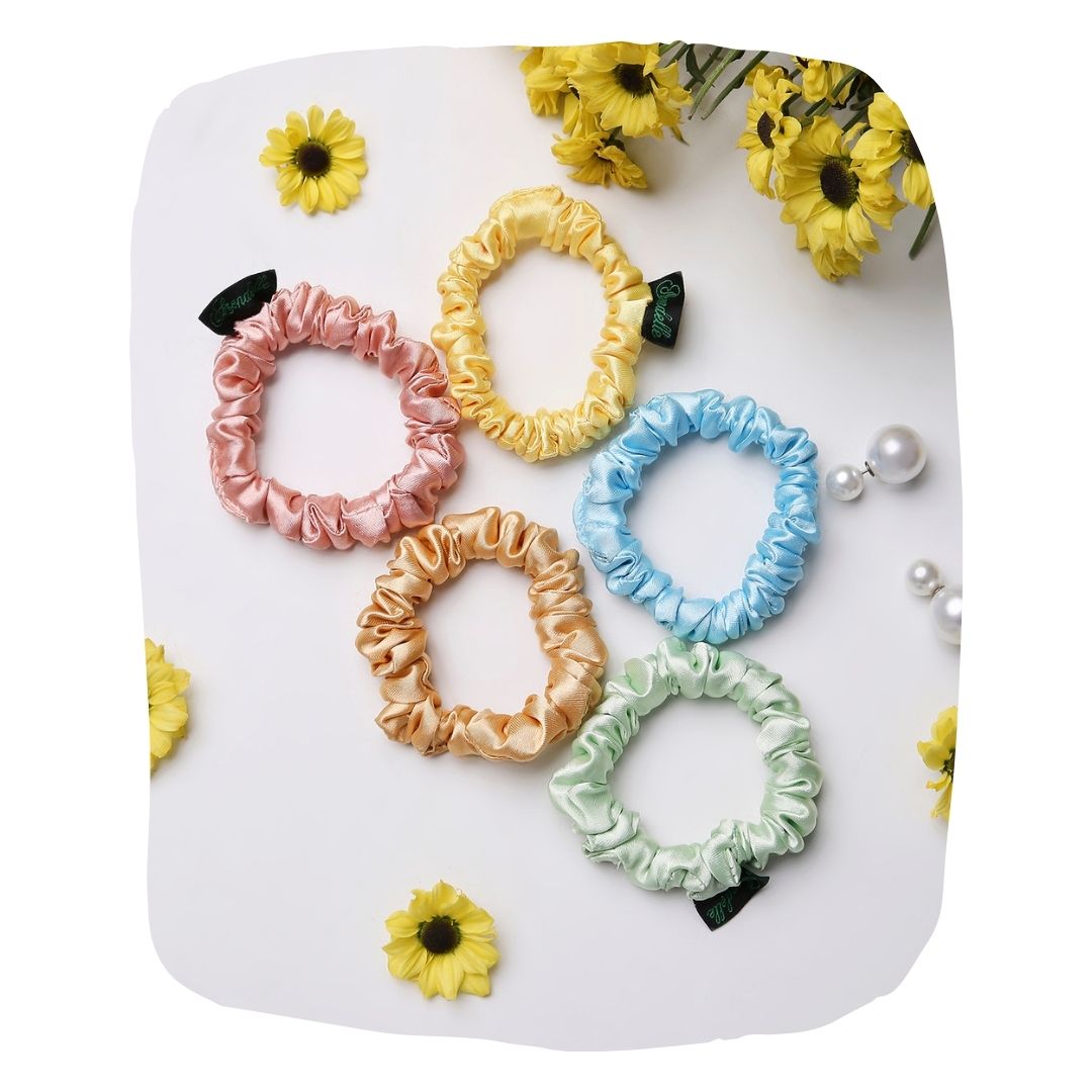 Silk Satin Scrunchies Pack: 5 Pastel Skinny Hair Ties