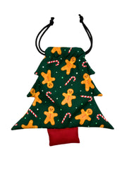 Christmas tree-shaped pouch with gingerbread men and candy canes, part of the Christmas Accessories for Babies - Glitter Hair festive collection.