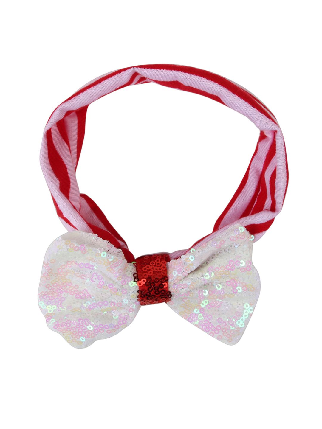 Red and white striped baby headband with a glittery white bow, from the Christmas Accessories for Babies - Glitter Hair festive collection.