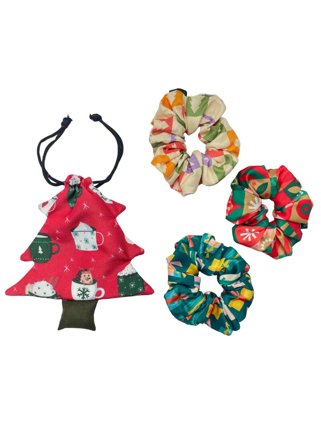 Christmas Glitter Hair Accessories set with festive scrunchies and a red Christmas tree pouch. Ideal for girls' holiday outfits and gifts.