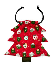 Red Christmas tree-shaped pouch with holiday-themed prints, part of the Christmas Glitter Hair Accessories gift set for girls.