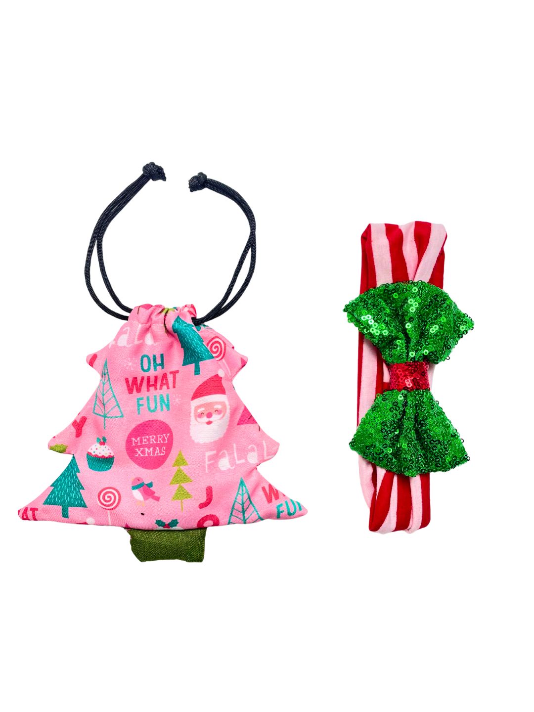 Christmas Glitter Hair for Kids - Festive Accessories set with green sequin bow headband and pink tree-shaped pouch. Ideal for holiday gifting.