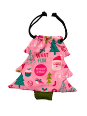 Pink Christmas tree-shaped pouch with festive prints like Santa and candy, part of the Christmas Glitter Hair for Kids gift set.