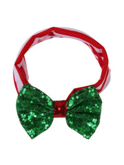 Red and white striped headband with green sequin bow, part of the Christmas Glitter Hair for Kids festive accessories collection.