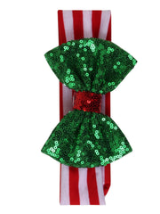 Close-up of green sequin bow on red and white striped headband from the Christmas Glitter Hair for Kids festive gift set.