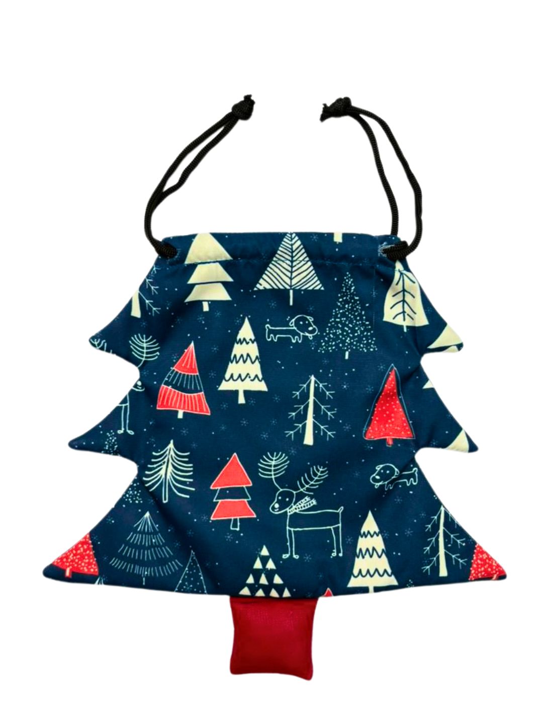 Christmas tree-shaped drawstring pouch with festive prints, part of the glitter hair accessories set for girls. Perfect for holiday styling.