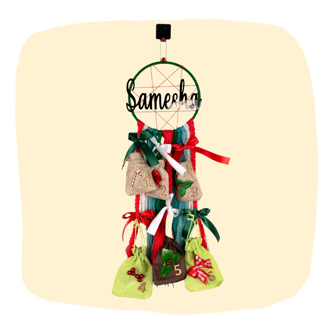 Dreamcatcher Advent Calendar - Festive Surprises | 6-Day Countdown featuring personalized name and numbered gift pouches in holiday colors.