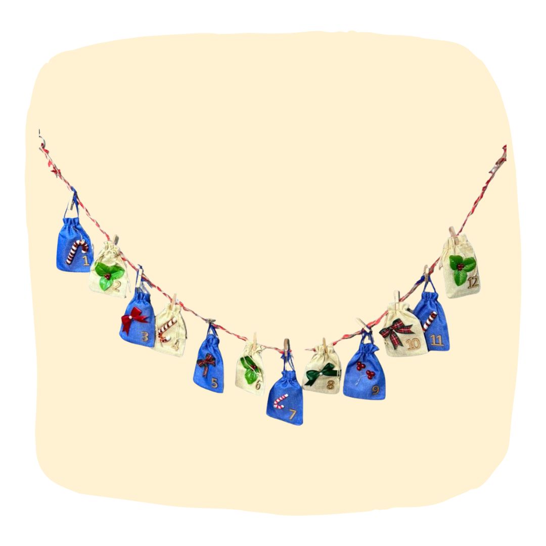 Kids' Advent Calendar - Christmas Surprises | 12-Day Fun featuring festive cloth pouches with numbers and holiday-themed hair accessories inside.